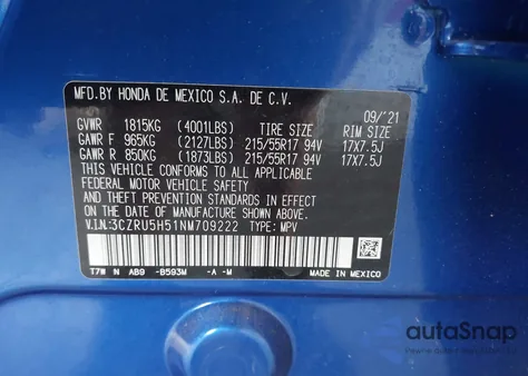 2022 Honda Hr-V Ex из США, поврежденный, VIN 3CZRU5H51NM709222